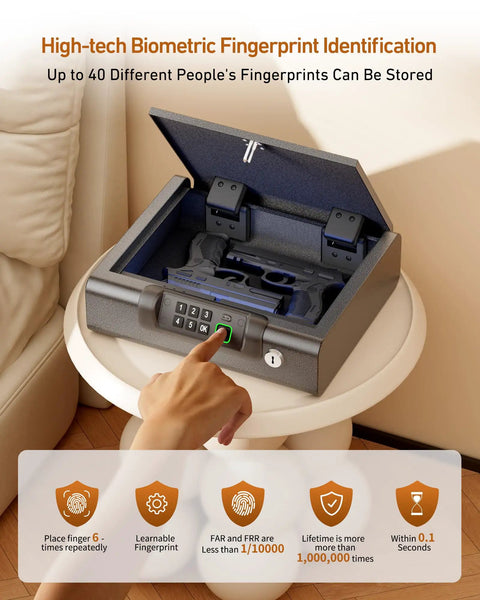 Open Portable Biometric Gun Safe With LED Light And Silent Mode showing interior with pistols, on a nightstand