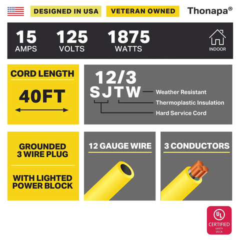 Specifications of the 40 Ft Retractable Heavy Duty Extension Cord Reel With Three Outlets 12 Gauge Outdoor Power Cable with UL certification