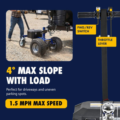 Heavy Duty Goodyear Electric Trailer Dolly 3600 Lbs Capacity With Powerful 24 Volt 800W Motorized Design maneuvering on gravel with a throttle lever.