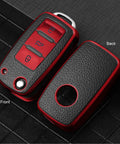 Volkswagen Key Fob Cover Premium Soft TPU 361 Degree Full Protection Anti Drop Anti Scratch Case For Jetta Beetle Golf Tiguan Passat Polo MK6 3 Buttons Leather Red Fits VW Models And More, front and back view