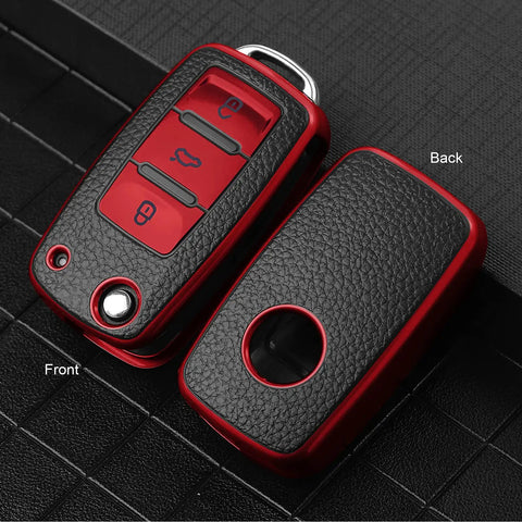 Volkswagen Key Fob Cover Premium Soft TPU 361 Degree Full Protection Anti Drop Anti Scratch Case For Jetta Beetle Golf Tiguan Passat Polo MK6 3 Buttons Leather Red Fits VW Models And More, front and back view