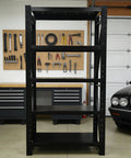 Heavy Duty Multi Tier Storage Rack And Adjustable Metal Shelving Unit For Garage Organization Built Tough With Rock Solid Modular Frame Quick No Sweat Setup Handles 1800 Pounds in black, showcasing five tiers.