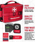 Surviveware red 238-piece survival first aid kit in 600D polyester pouch; includes emergency blanket.