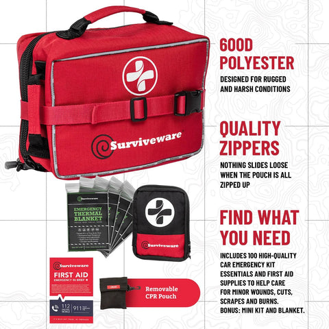 Surviveware red 238-piece survival first aid kit in 600D polyester pouch; includes emergency blanket.
