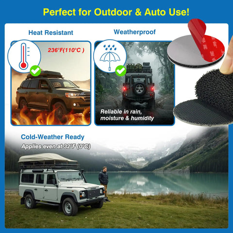 Two Inch Heavy Duty Hook And Loop Circles With Adhesive Eight Sets Industrial Strength Round Fasteners displayed for outdoor use