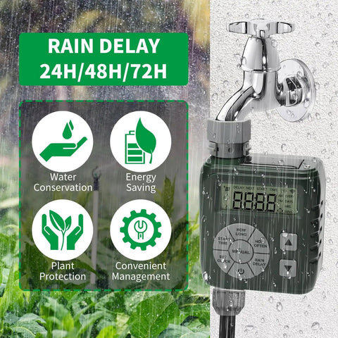 Programmable Sprinkler Timer For Garden Hose With Solar And Battery Power LeakProof Irrigation Controller attached to faucet