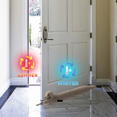 Heavy Duty Door Draft Stopper To Keep The Chill Outta Your Space positioned at door base, preventing cold air and noise.