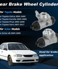 Beef Up Your Brake Job With This Rear Brake Wheel Cylinder For Toyota Celica 2003 2004 2005, Corolla 2003 2008, Scion Xb 2004 2006, Prius 2003 2009, Yaris 2007 2017 Drum Brake Cylinder W6 OE Replacement image with product and compatible models shown.