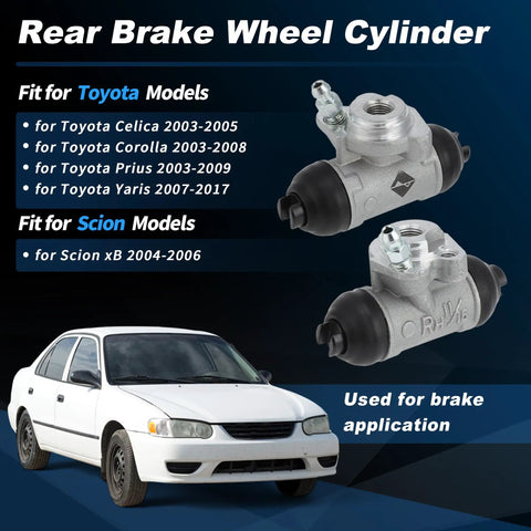 Beef Up Your Brake Job With This Rear Brake Wheel Cylinder For Toyota Celica 2003 2004 2005, Corolla 2003 2008, Scion Xb 2004 2006, Prius 2003 2009, Yaris 2007 2017 Drum Brake Cylinder W6 OE Replacement image with product and compatible models shown.