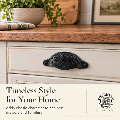 Premium Black Wrought Iron Floral Drawer Pull Cup Bin Handle 4.5 Inch on a light cabinet drawer with wooden countertop.