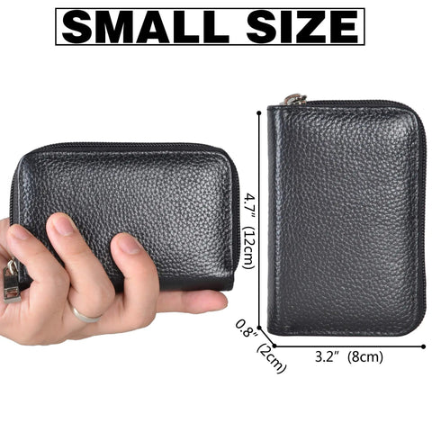 Genuine Leather Card Holder With Zipper Wallet For 26 Cards Black Slim And Durable Compact Go To Card Organizer dimensions shown