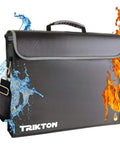 Fireproof And Waterproof Document Bag XL 16x12x3.5 With TSA Lock, black design with flames and water splash graphics.