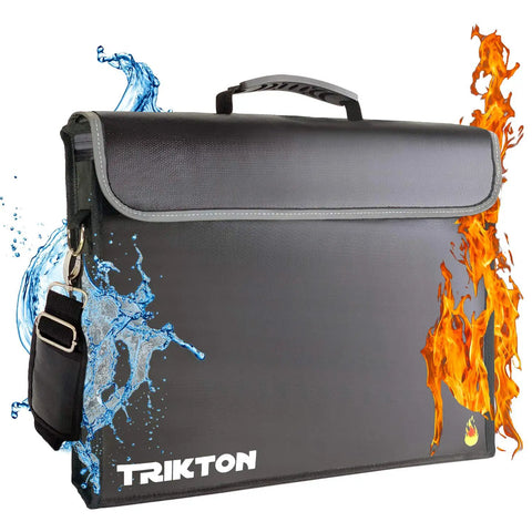 Fireproof And Waterproof Document Bag XL 16x12x3.5 With TSA Lock, black design with flames and water splash graphics.
