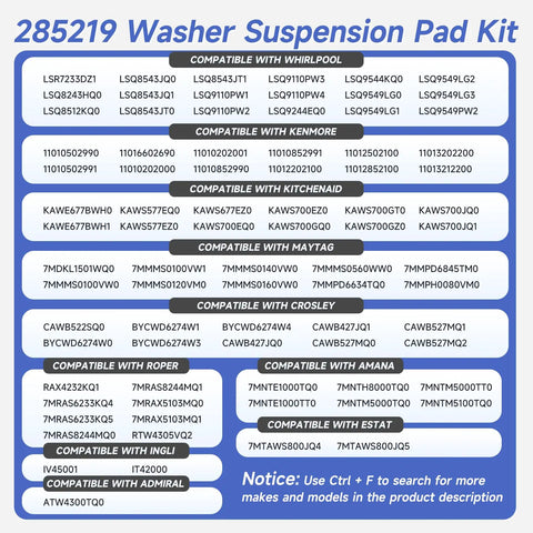285219 Washer Suspension Pad Kit Replacement for Top Load Washers Replaces 285219 62568 AP3094373 PS334456 AH334456 compatibility chart