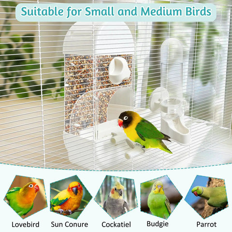 Hassle Free Spill Proof Automatic Bird Feeder For Cage with transparent container and water dispenser for small birds.