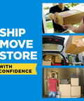 Collage of shipping, moving, and storing activities promoting heavy duty shipping packing tape set with dispensers.