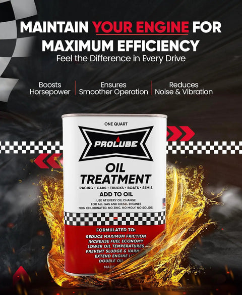 Front view of Prolube oil treatment container with text on benefits like boosting horsepower and reducing noise for smoother driving.
