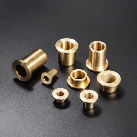 Drop In Ready Bronze Flange Bearing Sleeves Built Tough For Heavy Duty Workshop Projects Featuring Smooth Self Lubricating Operation And Bulletproof Wear Resistance For 6 Mm Shaft Daily Use - assorted sizes of bronze flange sleeves on a black background.