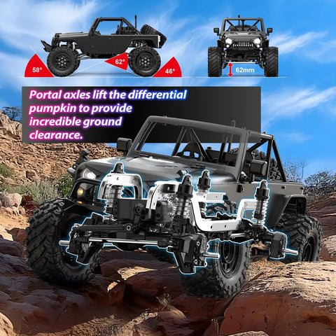 One Twelfth Scale Brushless 4X4 RC Rock Crawler With Metal Cased Body, detailed view showing portal axles and rocky terrain background