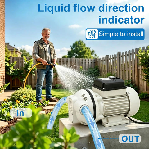 Heavy Duty Def Transfer Pump 110V Electric Fluid Pump 400W in garden with flow indicator and user watering plants.