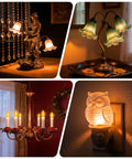Collage of lamps with LED Night Light Bulbs 1W E12 C7 Replacement 2200K Warm Amber 120V Low Watt Candelabra Christmas Light Bulbs