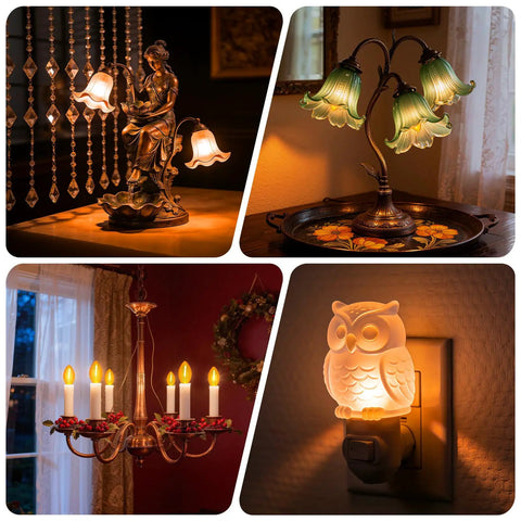 Collage of lamps with LED Night Light Bulbs 1W E12 C7 Replacement 2200K Warm Amber 120V Low Watt Candelabra Christmas Light Bulbs