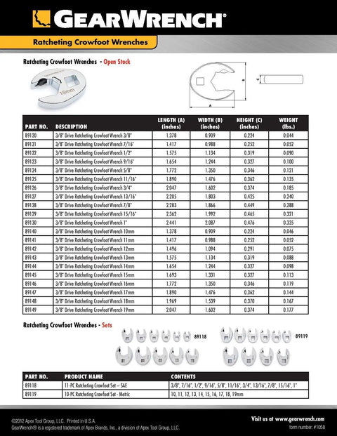 GearWrench ratcheting crowfoot wrenches guide with detailed specs for 11 Piece Three Eighth Inch Drive Ratcheting Crowfoot Wrench Set SAE