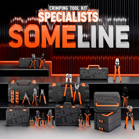 Ferrule Crimping Tool Set Pro Grade With 23 Wire End Ferrules And Storage Case displayed with tools in black and orange