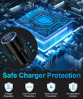 Road Ready Dual Port Usb Car Charger Two Pack Four Point Eight Amps Fast Charging Adapter with safety features graphic.