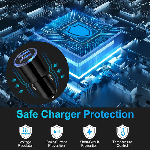 Road Ready Dual Port Usb Car Charger Two Pack Four Point Eight Amps Fast Charging Adapter with safety features graphic.