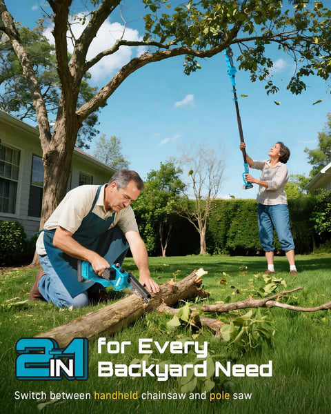 Go Higher Faster With This Slick Two In One Cordless Pole Saw That Transforms From Handheld Chainsaw To High Reach Tree Trimmer For Quick Pruning Effortless Branch Cutting And Zero Sweat Yard Work with people using the kit.