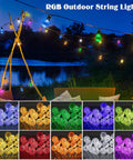 Outdoor string lights with multicolor bulbs during nighttime, illuminating a scenic lake view, labeled 'RGB Outdoor String Lights.'