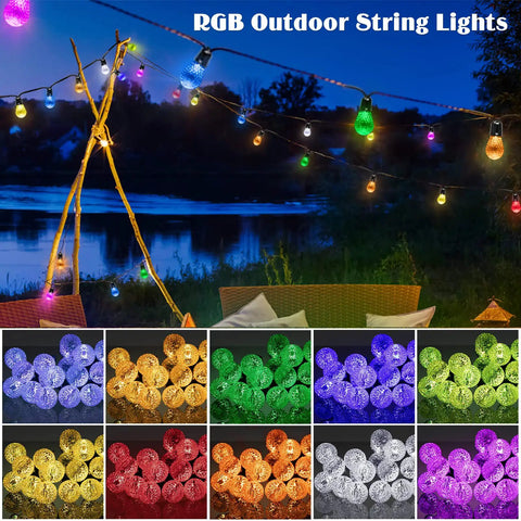 Outdoor string lights with multicolor bulbs during nighttime, illuminating a scenic lake view, labeled 'RGB Outdoor String Lights.'