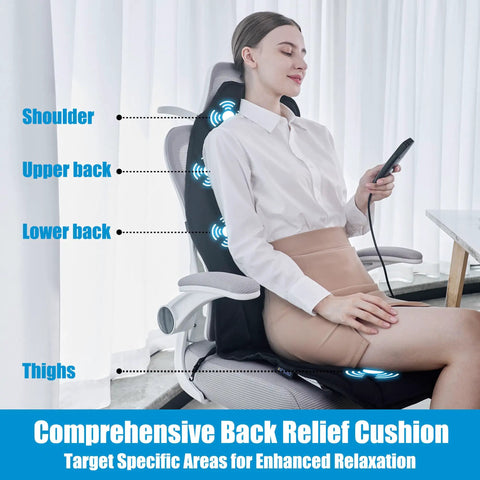 Woman using Portable Back Massager With Heat And Vibration For Deep Tissue Pain Relief In Shoulders, Back, and Thighs on office chair