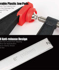 Close-up of Badass Steel Bar Clamps 2 Pack With 6 Inch Opening And Two And A Half Inch Throat Holding Six Hundred Pounds, featuring durable plastic jaw pads and tail anti-release design.
