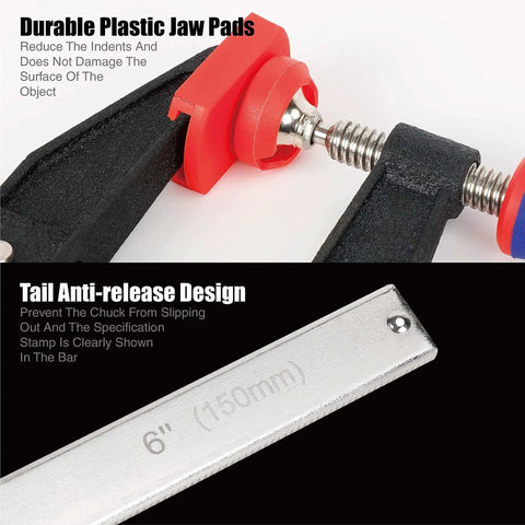 Close-up of Badass Steel Bar Clamps 2 Pack With 6 Inch Opening And Two And A Half Inch Throat Holding Six Hundred Pounds, featuring durable plastic jaw pads and tail anti-release design.