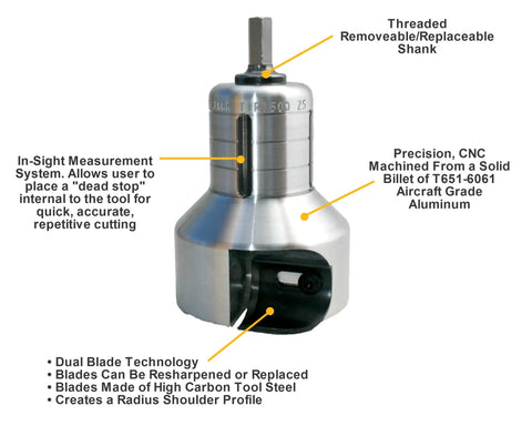 CNC machined aluminum tenon cutter with in-sight measurement for precise cutting, part of Shop Tested Tenon Cutter Kit for log furniture.