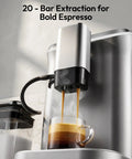 Top Shelf Fully Automatic Espresso Machine With Built In Grinder, 20 Bar Pressure, Smart Touch Display pouring espresso into a glass.