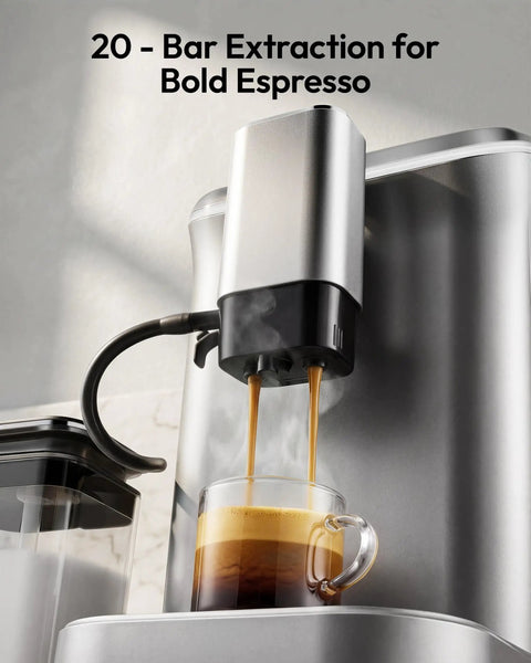 Top Shelf Fully Automatic Espresso Machine With Built In Grinder, 20 Bar Pressure, Smart Touch Display pouring espresso into a glass.