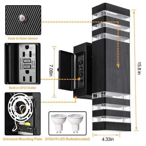 Dusk To Dawn Outdoor Light With GFCI Outlet And Two Outlets IP65 Waterproof Rust Resistant Porch Light showing dimensions and features