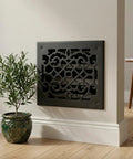 Ornate Victorian Floor Register 10 By 12 Opening Heavy Duty Cast Aluminum Walkable Vent With Adjustable Louver Damper For Airflow Control Black Finish mounted on wall, decorative design.