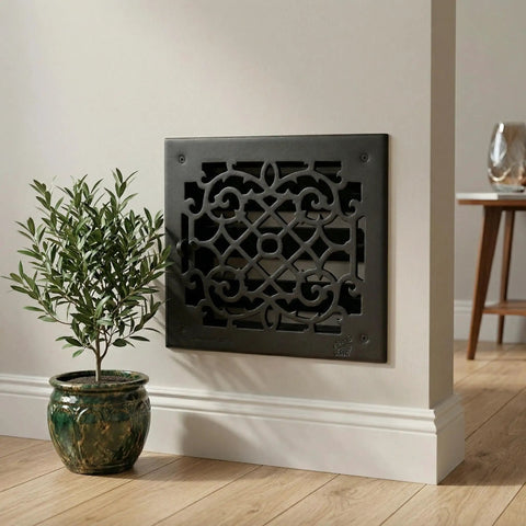 Ornate Victorian Floor Register 10 By 12 Opening Heavy Duty Cast Aluminum Walkable Vent With Adjustable Louver Damper For Airflow Control Black Finish mounted on wall, decorative design.