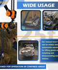 Half Ton Chain Hoist Come Along 1100 lbs capacity with 10 foot lift G80 chain ratchet hoist shown lifting logs and engines