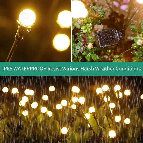 80 LED Solar Outdoor Lights 10 Pack Waterproof Garden Decor with warm white glow in rain on patio lawn, close-up view.