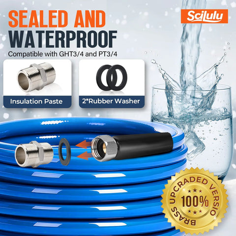 Scilulu 30ft heated RV water hose, blue coiled hose with brass fittings; includes insulation paste and two rubber washers