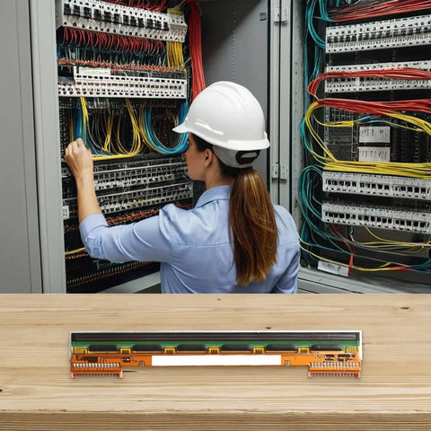 Female technician in server cabinet and Thermal Printhead For ZD421 Series Printers ZD421D ZD421T 203 DPI Label Printing High Resolution Replacement With Fast Speeds And Low Temperature Performance, Durable And Easy Install For Reliable Barcode Labels.
