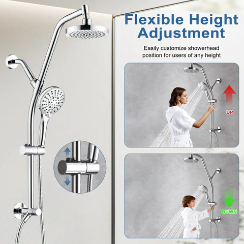 Rain Shower Head With Handheld Combo, High Pressure Dual Shower System With Sliding Bar, Adjustable Height, Chrome Finish