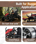 Multiple applications for Go Kart 1 Inch Axle Live Bearing Set including go-kart, agricultural, and construction machinery
