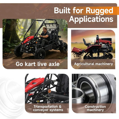 Multiple applications for Go Kart 1 Inch Axle Live Bearing Set including go-kart, agricultural, and construction machinery