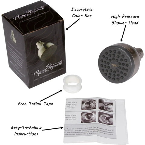 High Pressure Shower Head With 3 Inch Face, Anti Clog Nozzles, Adjustable Brass Ball Joint, 2.5 GPM, Brushed Nickel Wall Mount packaging, Teflon tape, installation guide